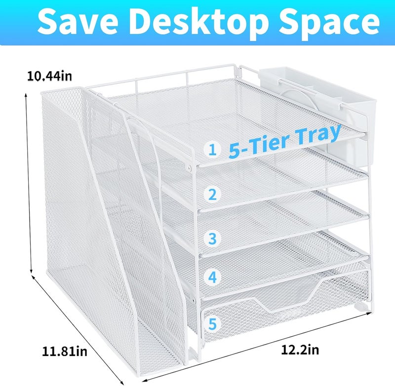 Gugsey Desk Organizer, 5-Tier Paper Letter Tray Organizer with File Holder, Drawer and Pen Holder, Desktop Organizer for Office Supplies, White - Image 2